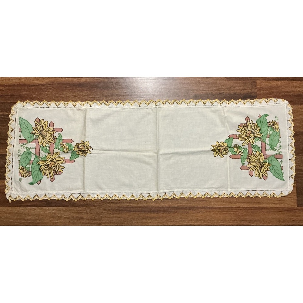 Vtg Hand Stitched Embroidered Table Runner Yellow Floral 42in X 14in EUC